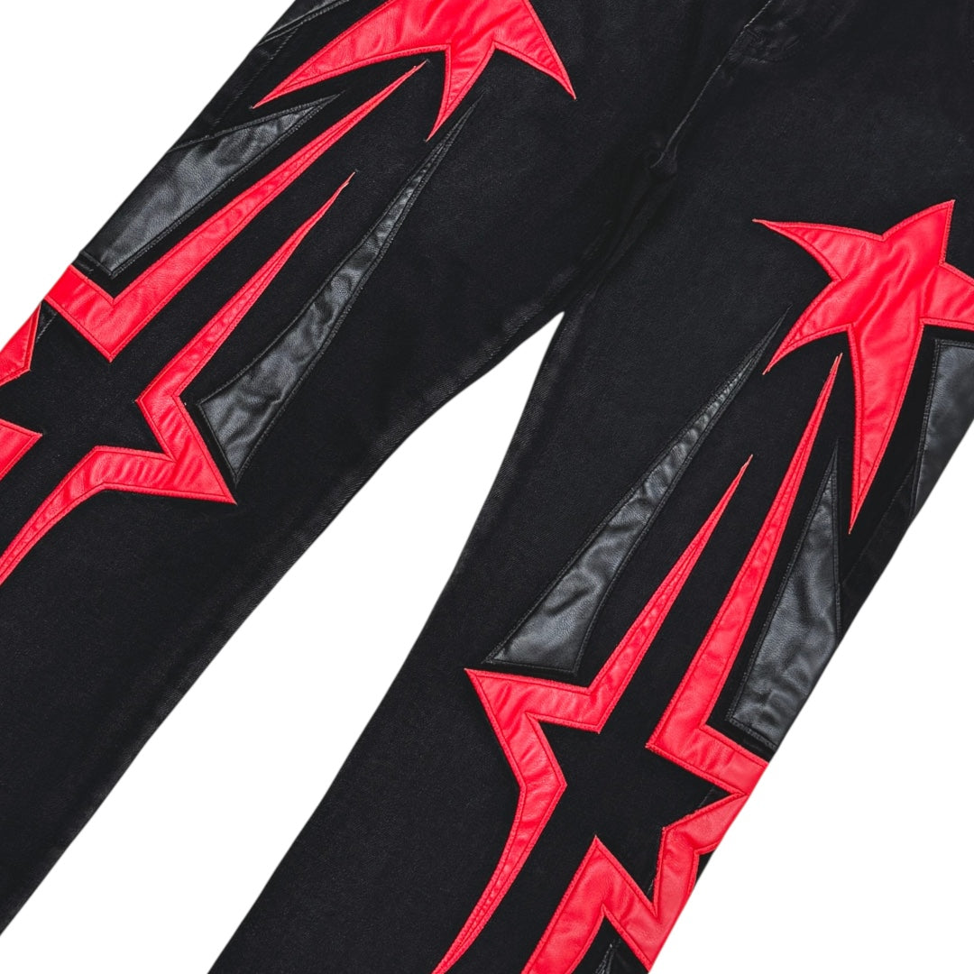 Vicious Inferno Star Flare Baggy Jeans – Black with Red Leather