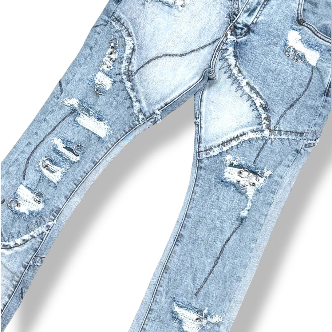Vicious Two-Tone Distressed Flare Jeans w/ Metal Ring Details