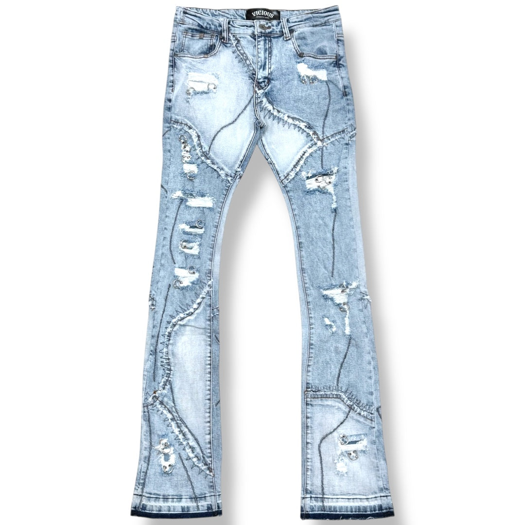 Vicious Two-Tone Distressed Flare Jeans w/ Metal Ring Details