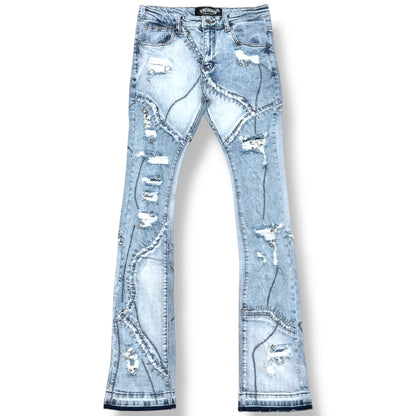 Vicious Two-Tone Distressed Flare Jeans w/ Metal Ring Details