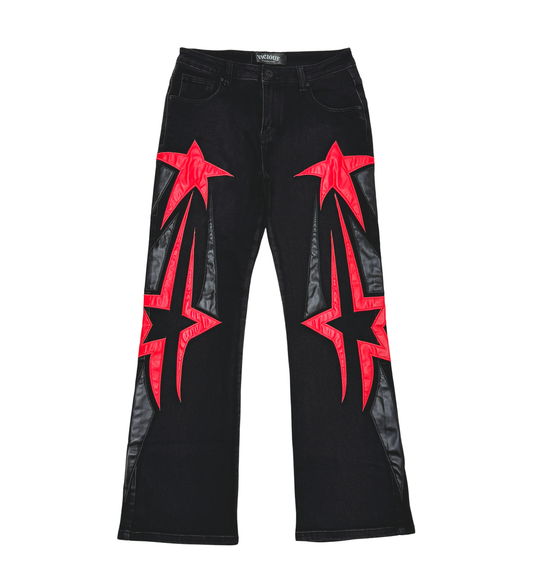 Vicious Inferno Star Flare Baggy Jeans – Black with Red Leather
