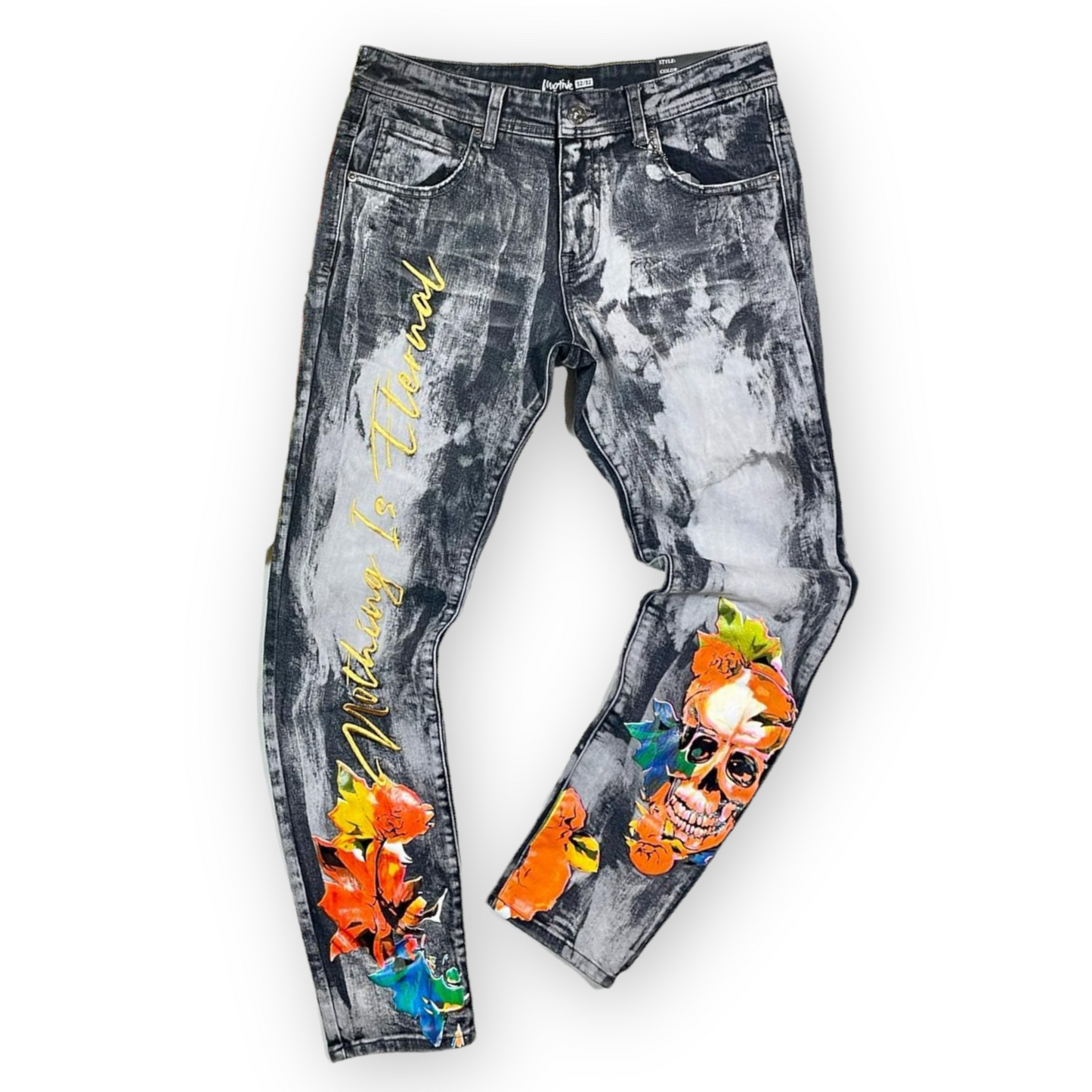 Motive Denim nothing is internal grey orange scull jeans